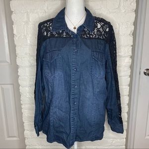Style & Co Lace Patchwork Chambray Button Down Shirt XL